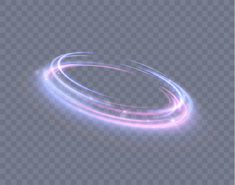Dynamic blue-violet lines of light with glow effect. Rotating light shiny half rings. Abstract sparkling dynamic light speed lines.