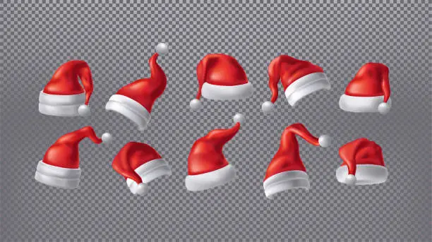 Vector illustration of Santa Hats. Xmas claus cap, new year holiday red clothes with fur balls on transparent background. 3D cold winter accessory, christmas decor. Vector exact decoration realistic elements set