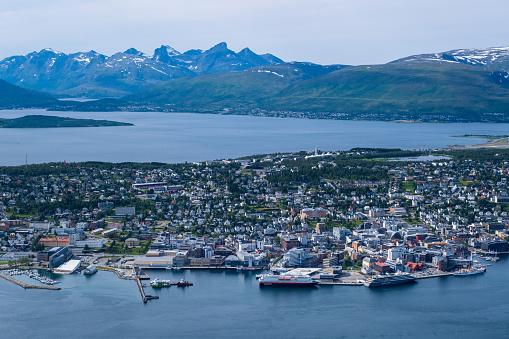 Tromso, Norway - 16 July 2023 : View over Tromso from the top of Storsteinen mountain