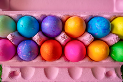 Bright colored eggs in colorful cartons on grass with flowers