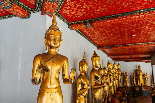 The standing buddha statues inside of Wat Pho (Temple of the Reclining Buddha) in Bangkok in Thailand.