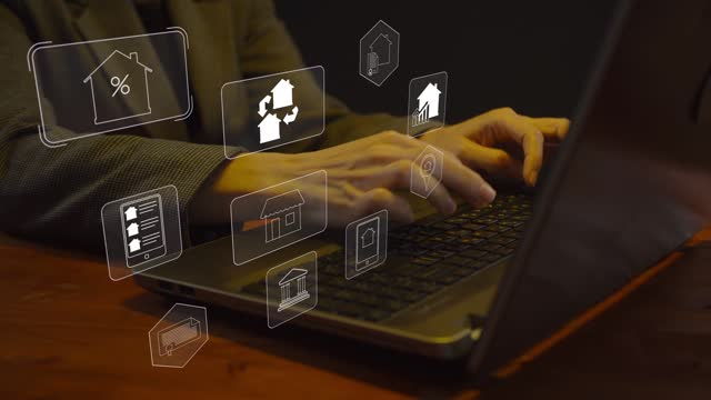 Female hands work on a laptop and against their background there are icons with symbols of digitalization of the real estate and mortgage market. Cg mortgage footage
