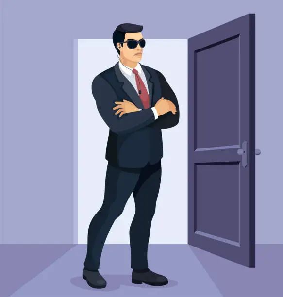 Vector illustration of Bodyguard. Alert Male Security Guard Stationed at the Entrance.