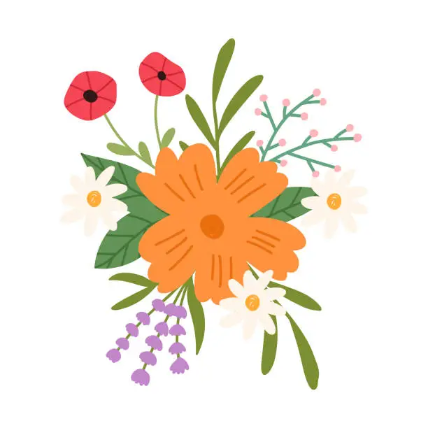 Vector illustration of Floral composition in cute cartoon flat style, vector illustration isolated on white background.