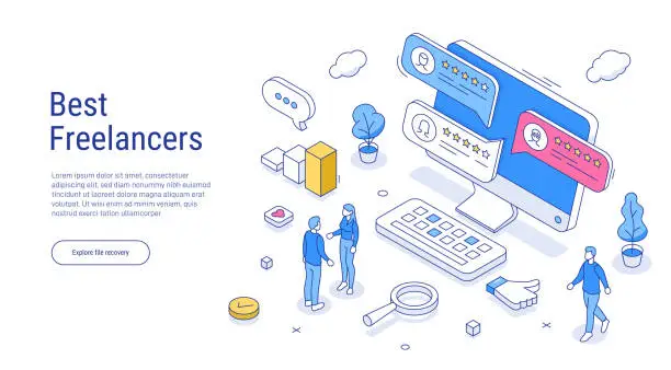 Vector illustration of Choose the best freelancers outline isometric concept. Freelancers service banner with text place. Can use for web banner, infographics, hero images. Line isometric vector illustration.