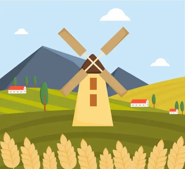 Vector illustration of landscape with mill square