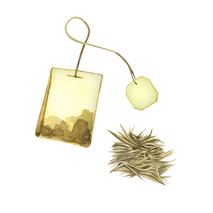 Watercolor illustration. Tea bag with tea leaves and label, fireweed infuser in hand drawn watercolor on a white background. Suitable for printing on fabric, paper for design, creativity, scrapbooking