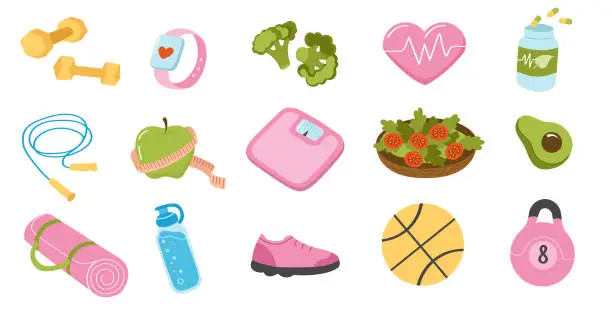 Vector illustration of Weight loss set of cute elements. Fitness and healthy lifestyle.