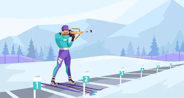 Vector illustration of Winter sports. Sportsman in purple uniform training before biathlon competition on outdoor snow track. Standing shooting position. Concept of hard work to win award. Vector illustration.