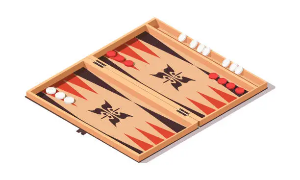 Vector illustration of Old Irish board game backgammon. Drop the dice to move your counter. Competitive game for two players. Interesting table game. Isolated on white background. Isometric vector illustration