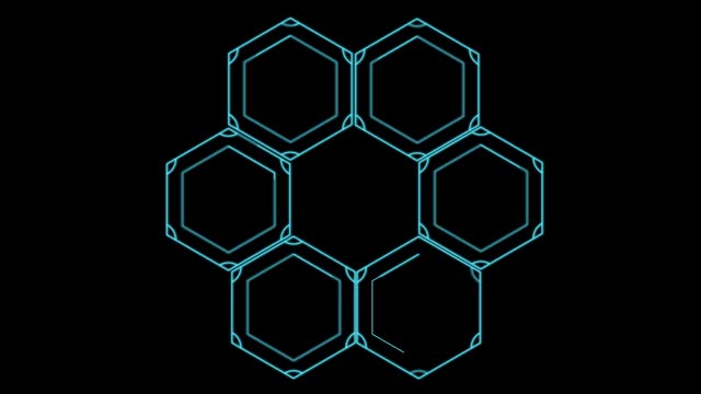 Six hexagons forming a turquoise circle on a black background. Cg footage