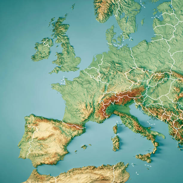 3D Render of a Topographic Map of Western Europe with geographical borders.All source data is in the public domain.Color texture, water and borders: Made with Natural Earth. http://www.naturalearthdata.com/downloads/10m-raster-data/10m-cross-blend-hypso/http://www.naturalearthdata.com/downloads/10m-physical-vectors/https://www.naturalearthdata.com/downloads/50m-cultural-vectors/Relief texture: GMTED 2010 data courtesy of USGS. URL of source image:https://topotools.cr.usgs.gov/gmted_viewer/viewer.htm