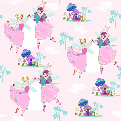 Cute card with cartoon fairies and mushrooms seamless pattern. Vector illustration for children. Spring and summer time