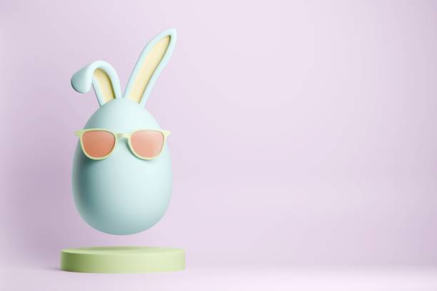 istock Stylish Easter bunny in form egg with sunglasses floating in air over podium. 3d illustration, rendering. Easter greeting card, spring postcard, flyer, advertising. Copy space 2101751894