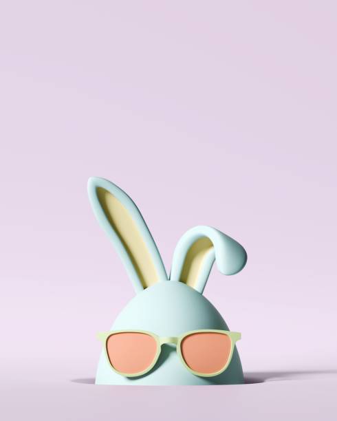 istock Happy Easter day. Stylish Easter bunny in form egg with sunglasses looking out its burrow. 3d illustration, rendering. Background for greeting card, spring postcard, flyer, advertising. Copy space 2101751899