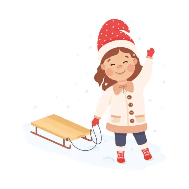 Vector illustration of Cute girl walking with sleigh in winter. Happy kid playing outdoors cartoon vector illustration