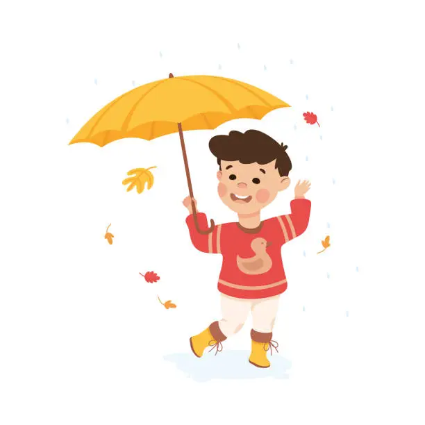 Vector illustration of Cute little boy walking with umbrella in rain. Happy kid playing outdoors cartoon vector illustration