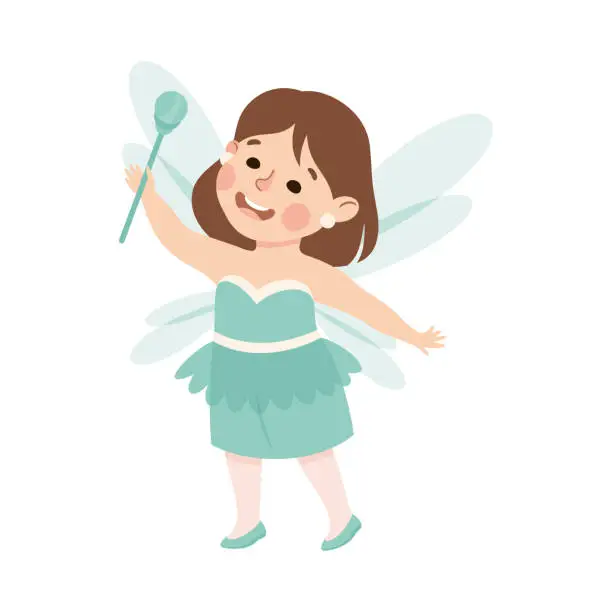 Vector illustration of Little Girl Actress in Theater Costume of Fairy with Magic Wand Showing Performance Vector Illustration
