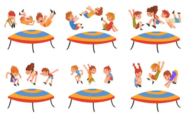 Vector illustration of Kids Jumping on Trampoline Bouncing and Having Fun Vector Set