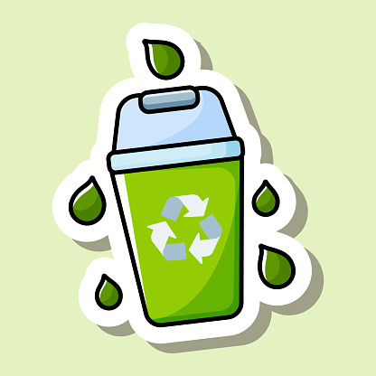 Cute cartoon design sticker of green recyclable coffee cup with drops around. Concept of environmental protection. Isolated on green background. Vector illustration