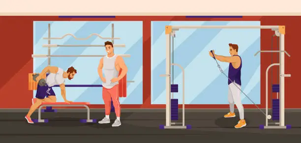 Vector illustration of Man, sportsman exercises in gym interior with mirror, red walls, two lamps, panoramic window, dumbbell, barbell and fitness equipment. Vector illustration