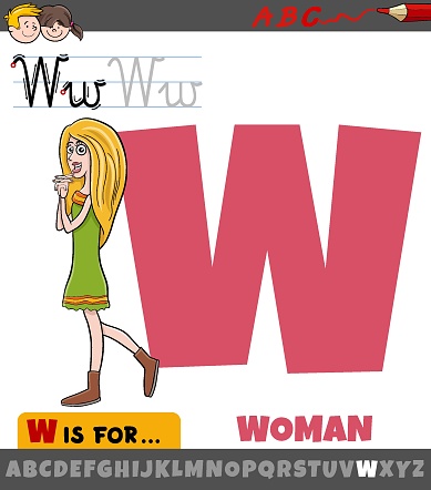 Educational cartoon illustration of letter W from alphabet with woman character