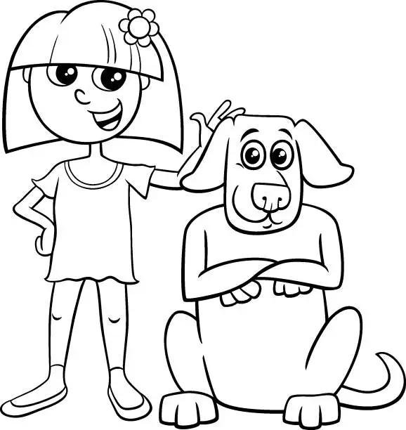 Vector illustration of cartoon teen girl with dog character coloring page