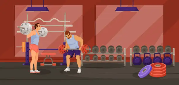 Vector illustration of Man, sportsman exercises in gym interior with mirror, red walls, two lamps, panoramic window, dumbbell, barbell and fitness equipment. Vector illustration