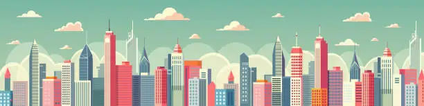 Vector illustration of A city skyline with many tall buildings and a white background. The buildings are of different colors and heights, creating a sense of depth and perspective. . Vector illustration