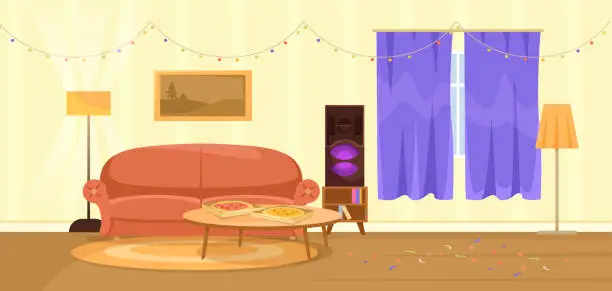 Vector illustration of An interior design featuring a purple couch, wood table, speakers, and violet curtains. Vector illustration