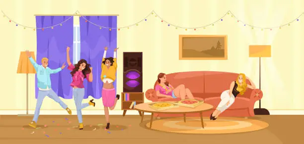 Vector illustration of A group of people are having a party in a living room. There are two women dancing and two men standing. A pizza is on a table in the room. Vector illustration