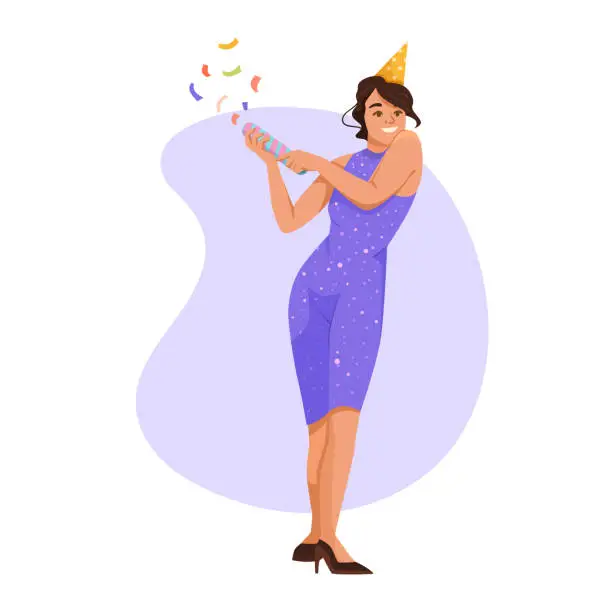 Vector illustration of A woman in a vibrant one piece purple day dress and party hat joyfully holds a confetti cannon at a festive event, showcasing a unique fashion design and artful gesture. Vector illustration