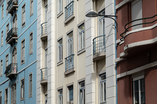 Detailed view of several different traditional apartment building in central neighbourhood in Lisbon in Portugal