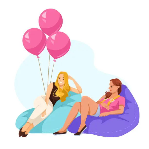 Vector illustration of Two women are sitting on bean bags and one of them is holding a pink balloon. The scene is lighthearted and fun, with the pink balloons adding a playful touch to the image. Vector illustration