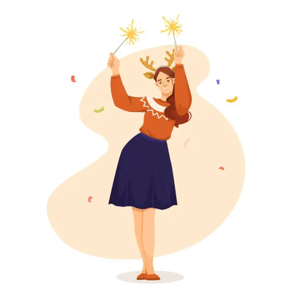 Vector illustration of A woman in a blue skirt is holding two sticks and is smiling. The image has a festive and joyful mood. Vector illustration