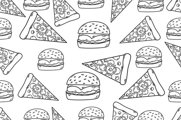 Vector illustration of Pizza sketch.  Hand drawn fast food doodle pattern