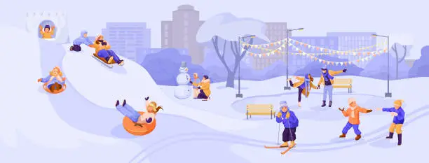 Vector illustration of People enjoy in cityscape park at snowy winter season with snowflakes. Skaters on frozen lake ice. Kid drive snow scooter, sliding on tubing. Man, woman and child making snowman. Vector illustration.