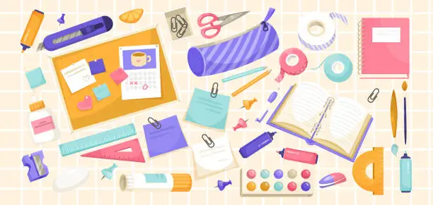 Vector illustration of Collection of various school supplies. Set of pencil box, pencil, pen, duct tape, notebook, scissors, ruller, calculator, palette, paper clip. Isolated on tiled background. Vector illustration
