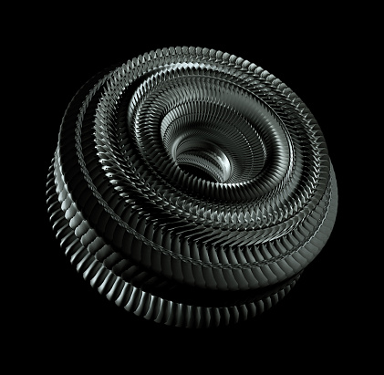 Dark metallic gear component with intricate design
