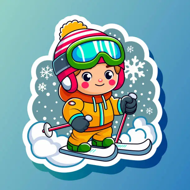 Vector illustration of Cute cartoon designed sticker with skiing boy in warm sport equipment. Snowy winter season. Children outdoor activity. Happy child leisure. Isolated on blue background. Vector illustration