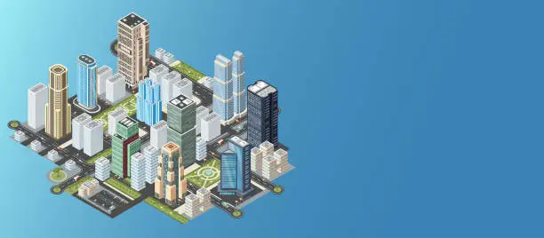 Vector illustration of Town center, city skyscraper building, urban street cityscape, business downtown, modern construction. District road infrastructure. Blue background. Isometric vector illustration
