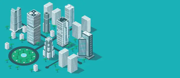 Vector illustration of Town center, city skyscraper building, urban street cityscape, business downtown, modern construction. District infrastructure. Teal background. Isometric vector illustration