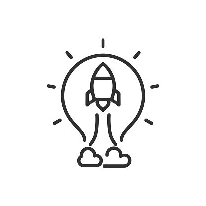 Startup idea, linear icon. Rocket takes off in the shape of a light bulb. Line with editable stroke