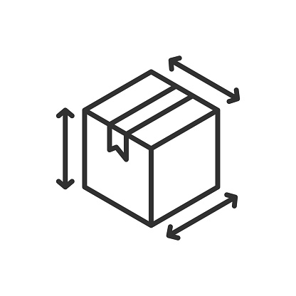 Dimensions of the parcel, linear icon. Box and length, width, height. Line with editable stroke