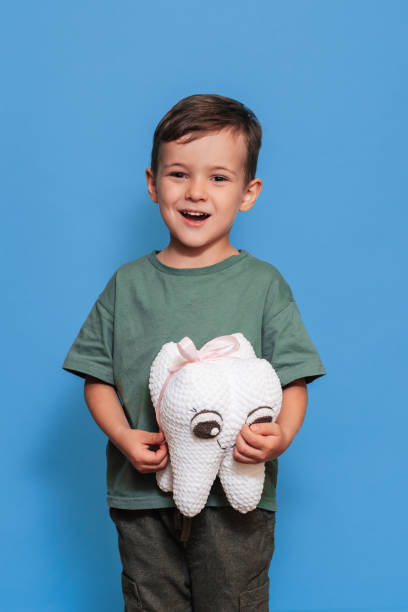 istock A smiling boy with healthy teeth holds a plush tooth in his hands on a blue isolated background. Oral hygiene. Pediatric dentistry. Prevention of caries. vertical snapshot 2101823989