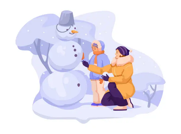 Vector illustration of Happy boy with woman making snowball, snowy winter weather, funny character, christmas season, cute cartoon design, holiday leisure, outdoor activity, wintertime game. Vector illustration