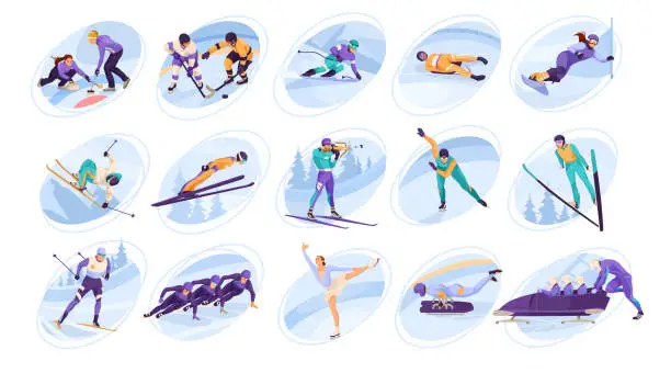 Vector illustration of Set of winter sport, extreme activity, collection of ice skating, snowboarding, hockey, skiing, downhill racing, biathlon, bobsleigh. Cute cartoon design. Healthy lifestyle. Vector illustration