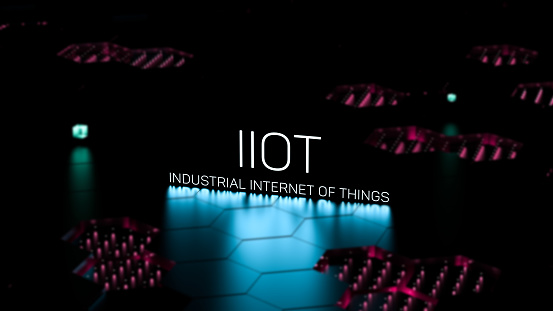 IIOT Industrial Internet of Things luminous lettering,text. IIOT business,technology concept,banner.3D render