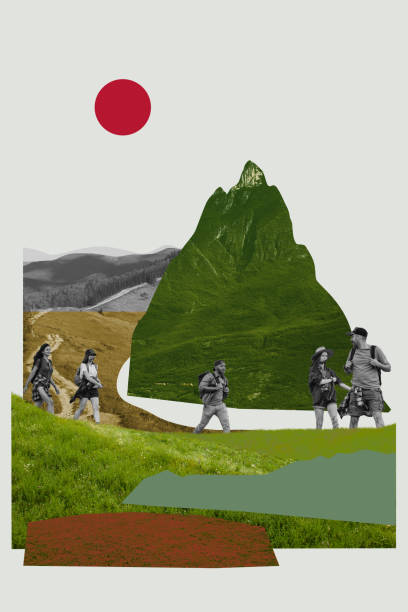 Young people, friends going hiking with backpacks, walking on mountain path on warm day. Contemporary art collage.