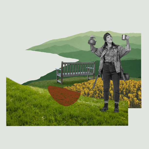istock Happy, young, smiling girl with backpack, holding kettle and cup, going hiking, camping on warm summer day. Contemporary art collage. 2101831045